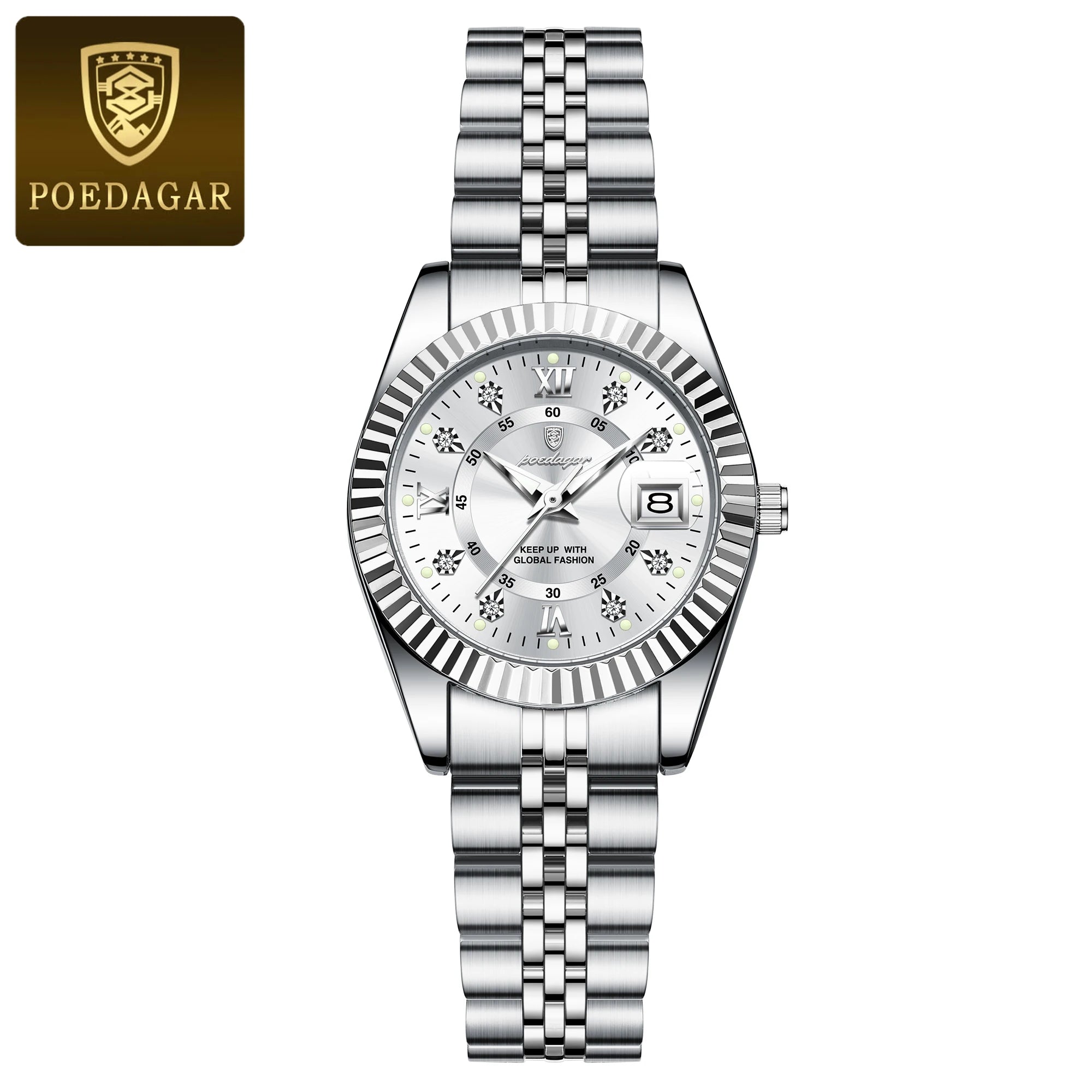 Montre habillée en acier inoxydable pour femme – Date et aiguilles luminescentes
