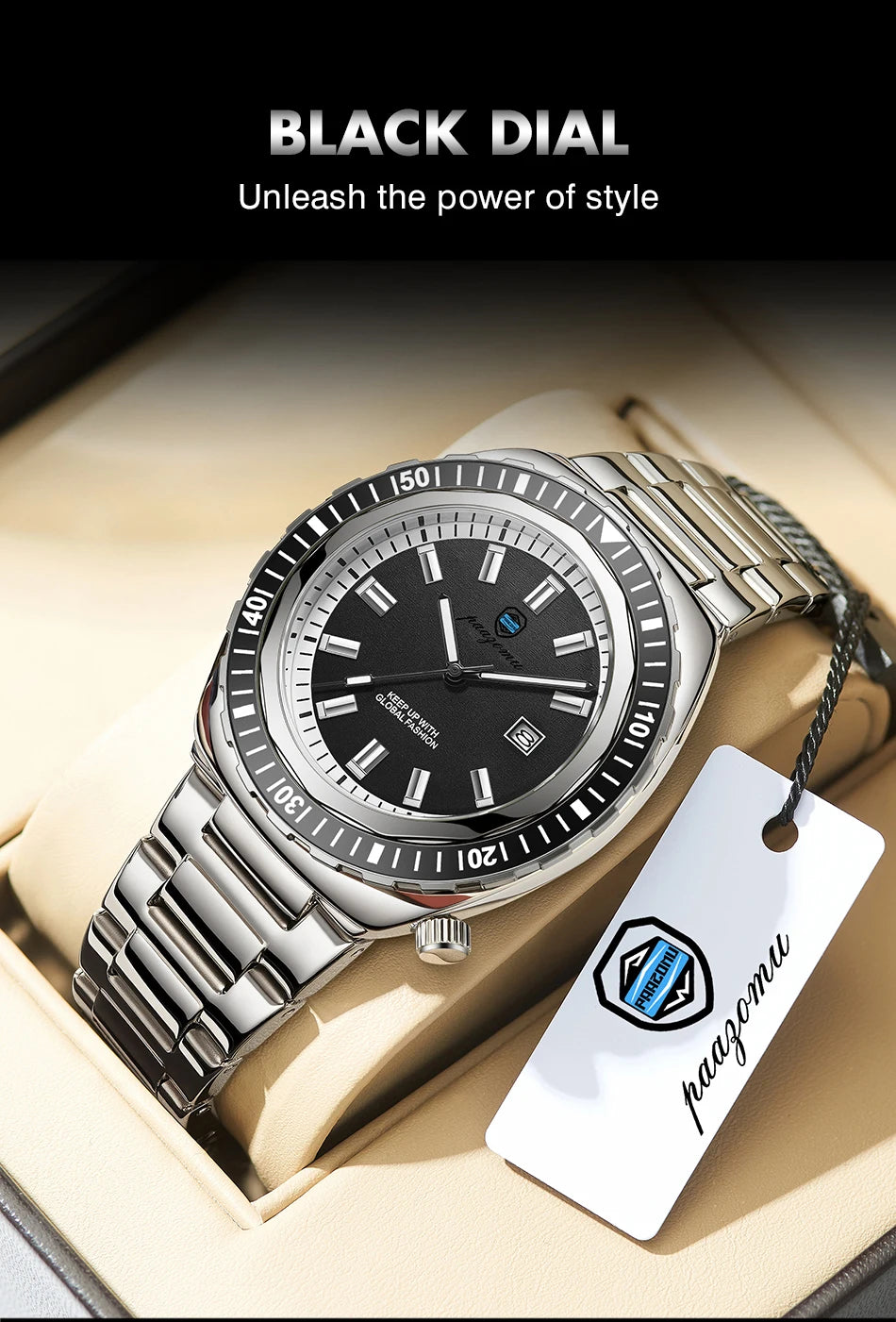 PAAZOMU Fashion Diving Watch Men's Stainless Steel Bracelet Blue Bezel Quartz Watch Calendar Luminous Hands Men's Watches Reloj