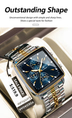 Montre Chronographe Carrée Lumineuse pour Homme en Acier Inoxydable