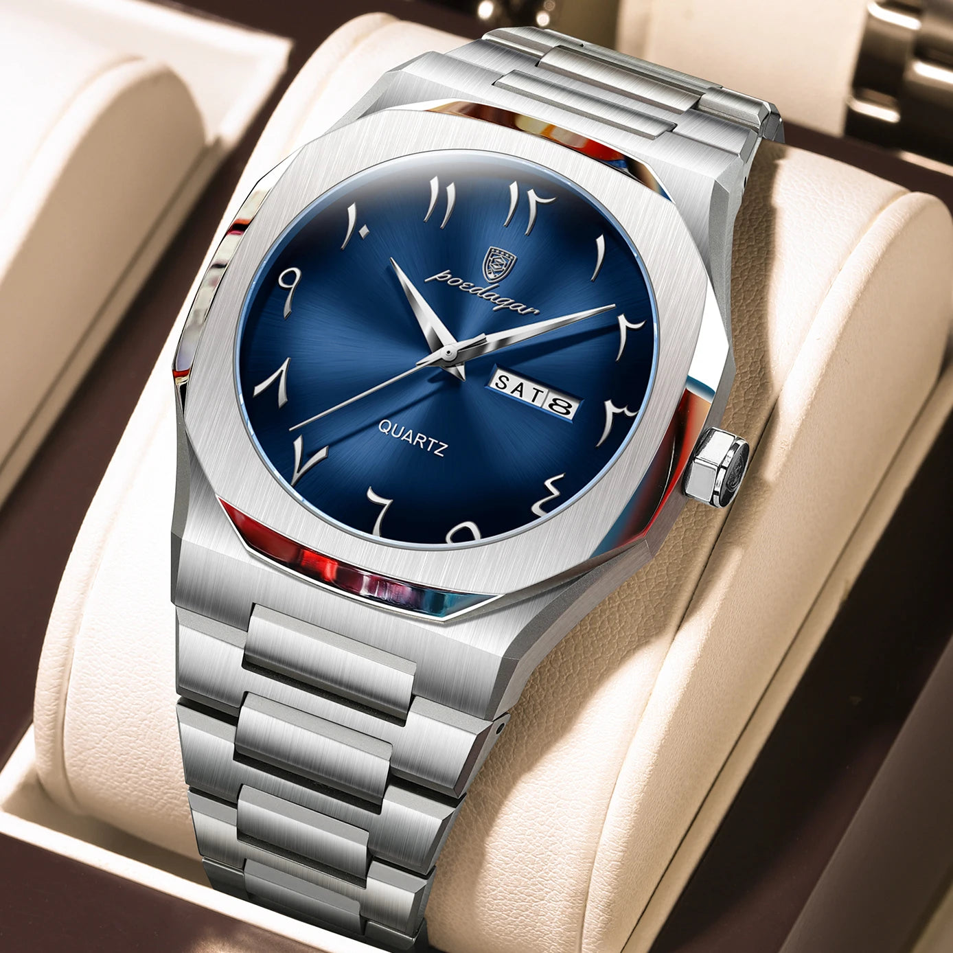 Montre militaire en acier inoxydable pour homme avec affichage du jour de la semaine