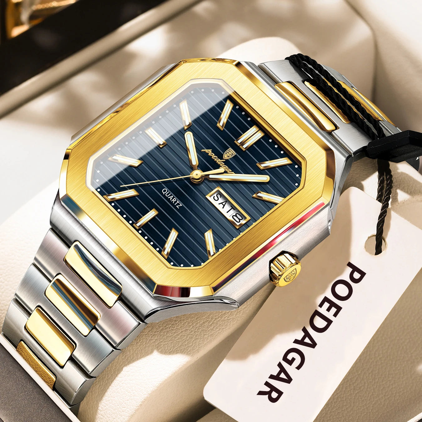 Montre carrée en acier inoxydable pour homme – Lumineuse et étanche