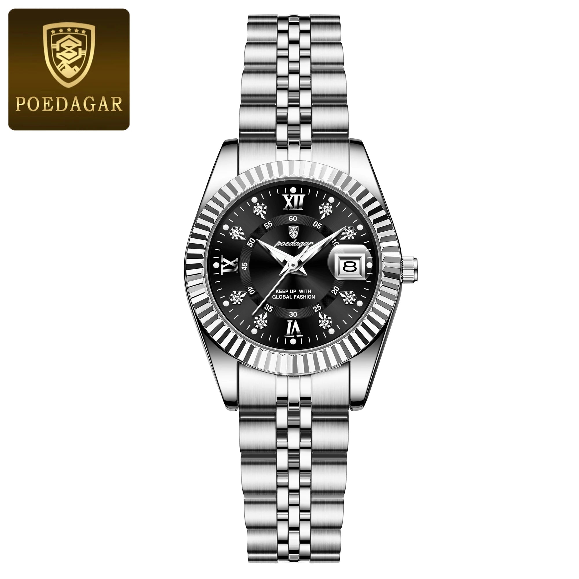 Montre habillée en acier inoxydable pour femme – Date et aiguilles luminescentes