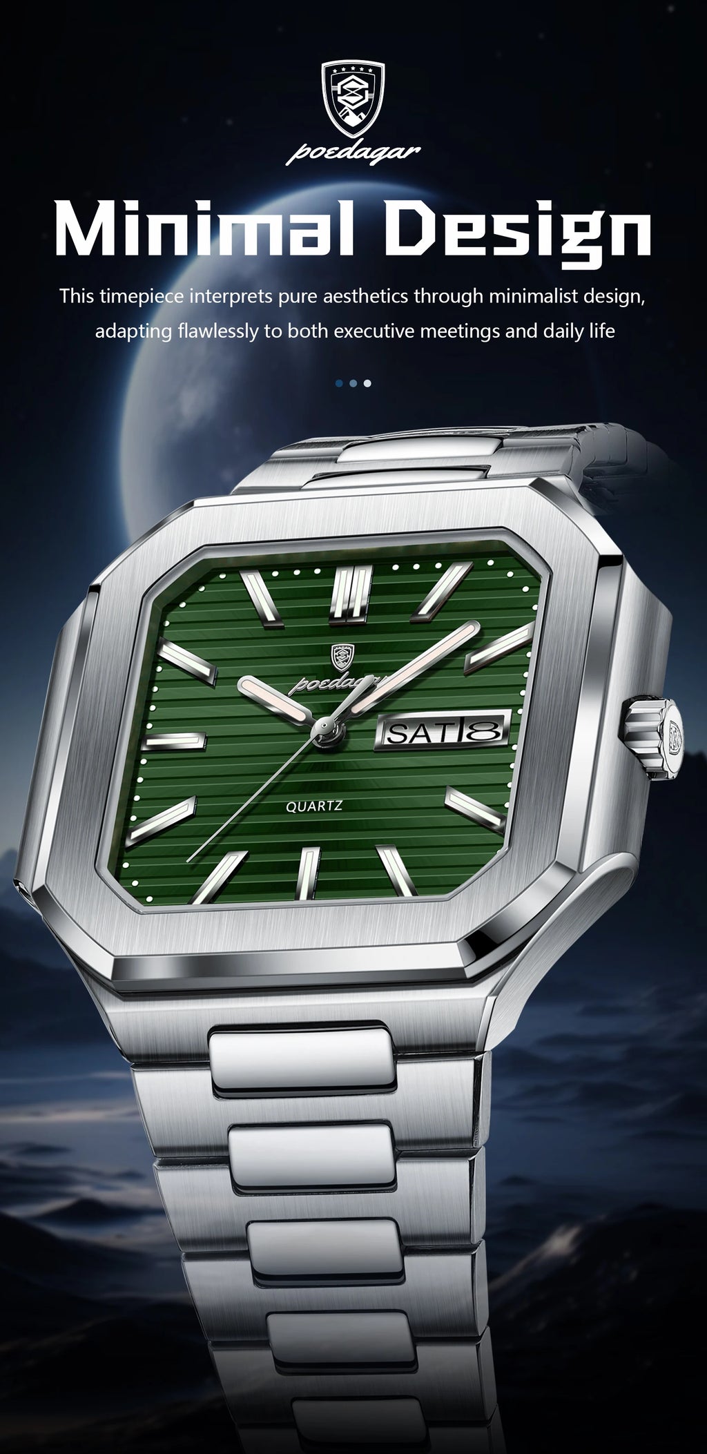 POEDAGAR Luxury Square Male Watch Waterproof Luminous Date Week Quartz Watches For Men Stainless Steel Fashion Men's Clock Reloj