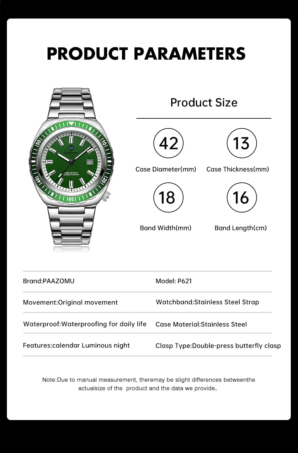 PAAZOMU Fashion Diving Watch Men's Stainless Steel Bracelet Blue Bezel Quartz Watch Calendar Luminous Hands Men's Watches Reloj