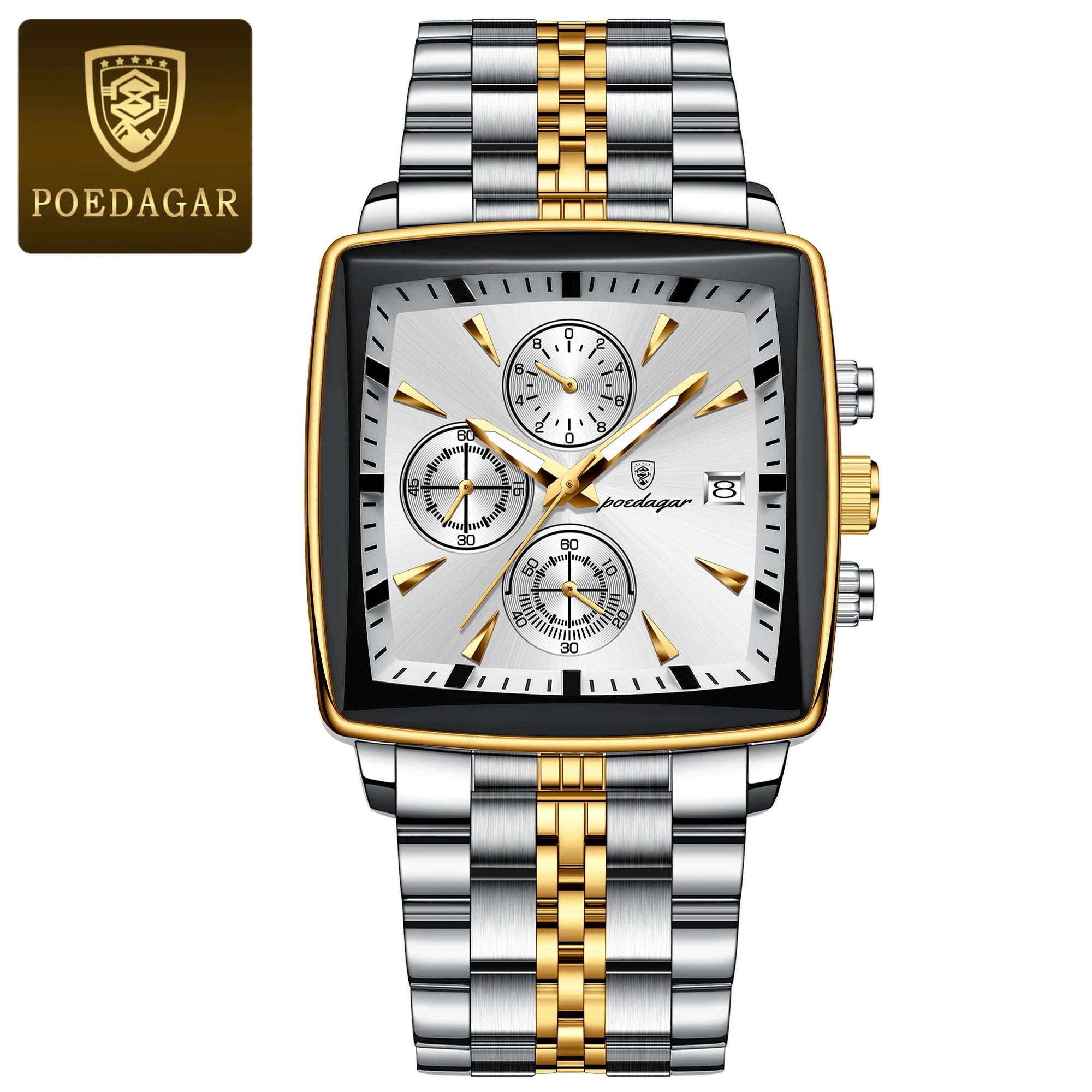 Montre Chronographe Carrée Lumineuse pour Homme en Acier Inoxydable