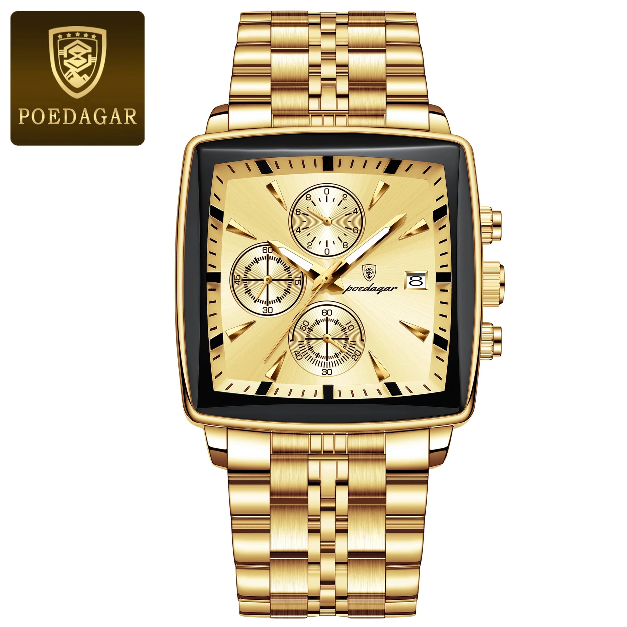 Montre Chronographe Carrée Lumineuse pour Homme en Acier Inoxydable
