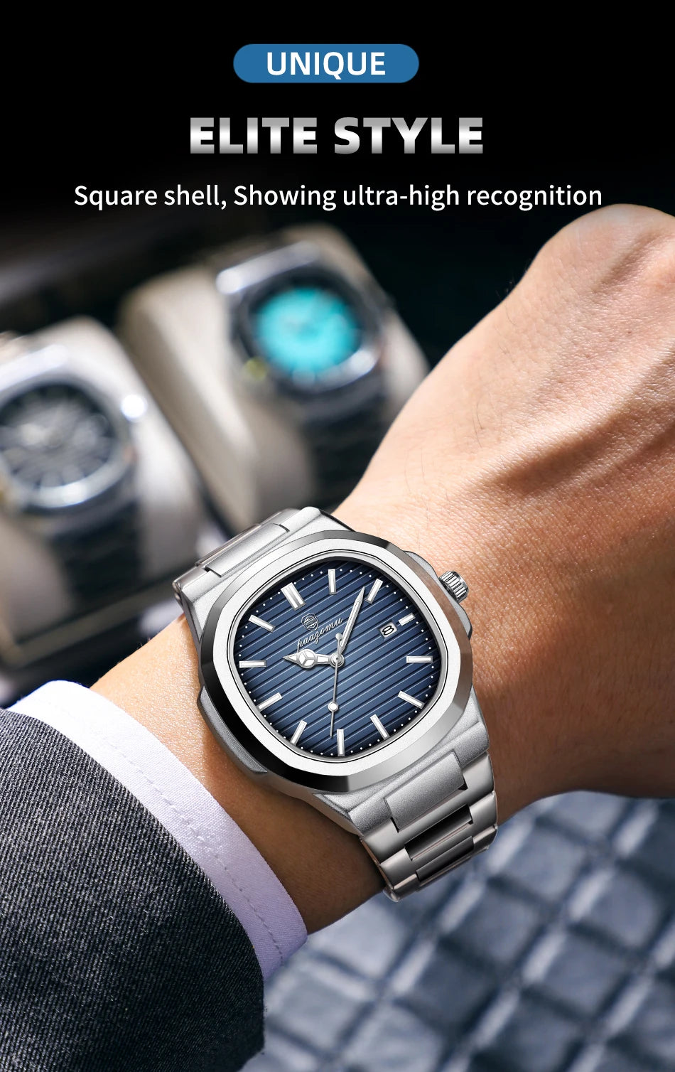 PAAZOMU Business Men Square Watch Rose Gold Leather Quartz Watch Date Display Luxury Formal Men's Waterproof Watch +Box Reloj