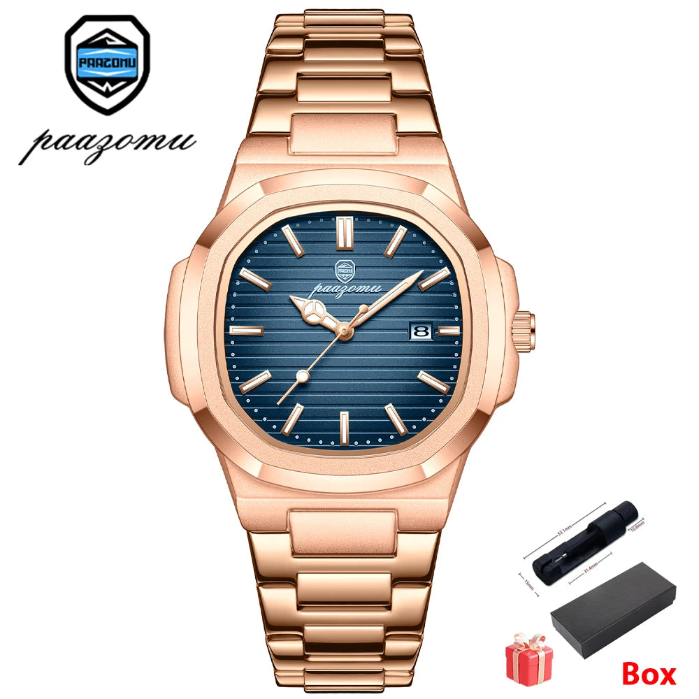 PAAZOMU Top Fashion Square Men Clock Stainless Steel Waterproof Luminous Date Exquisite Male Wristwatch Quartz Watches For Men