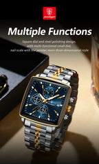 Montre Chronographe Carrée Lumineuse pour Homme en Acier Inoxydable