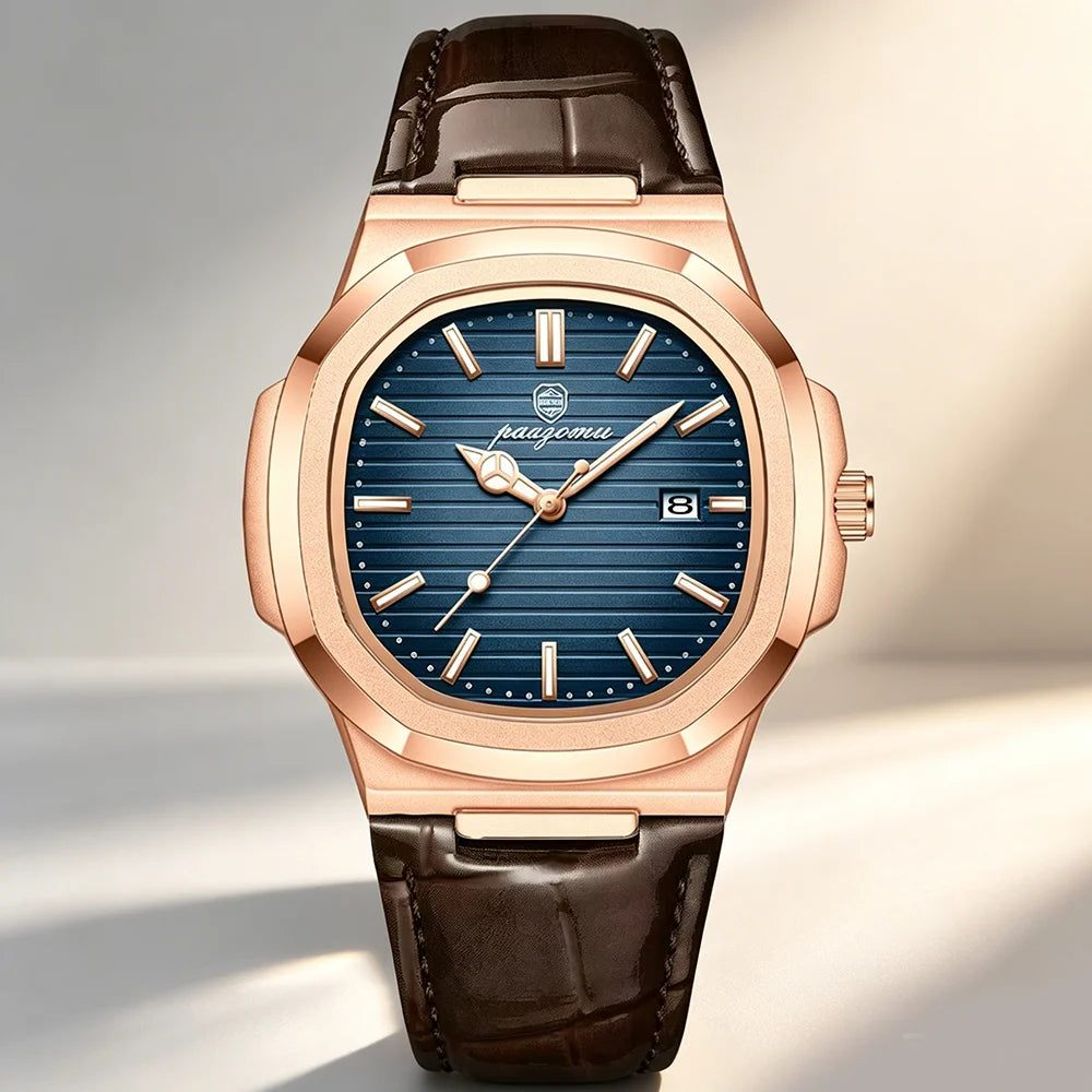 PAAZOMU Business Men Square Watch Rose Gold Leather Quartz Watch Date Display Luxury Formal Men's Waterproof Watch +Box Reloj