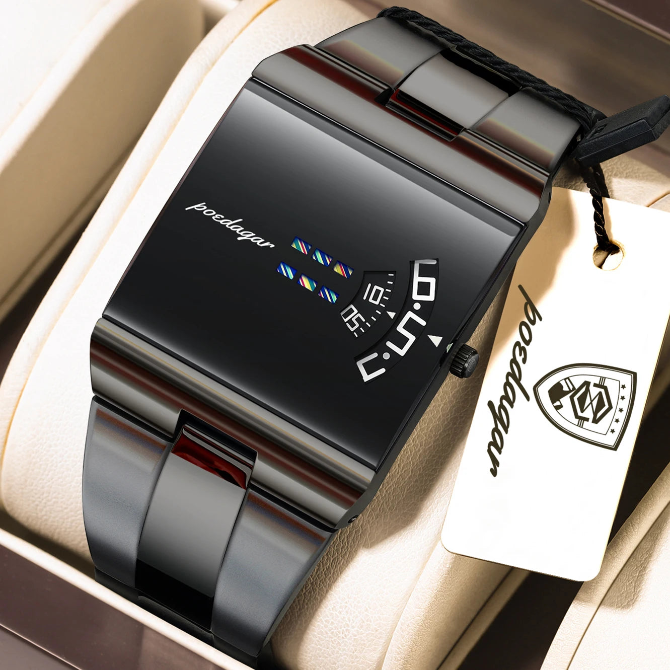 Montre d'affaires rectangulaire pour homme en acier inoxydable à quartz