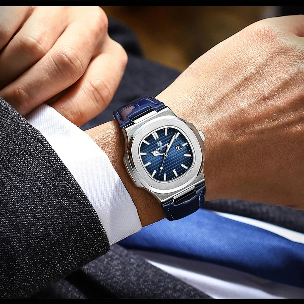 PAAZOMU Business Men Square Watch Rose Gold Leather Quartz Watch Date Display Luxury Formal Men's Waterproof Watch +Box Reloj