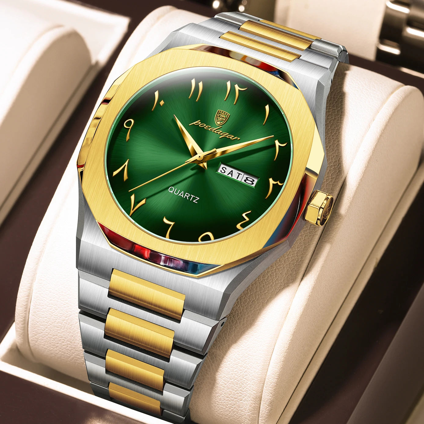 Montre militaire en acier inoxydable pour homme avec affichage du jour de la semaine