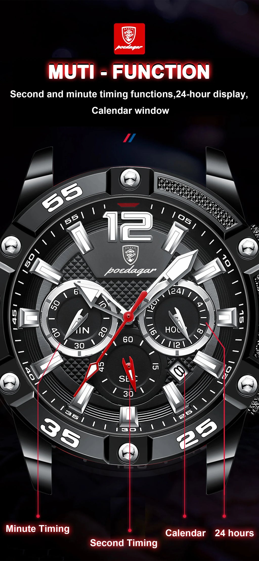 POEDAGAR Original Fashion Men's Watches Waterproof Luminous Chronograph Date Sports Man Wristwatch High Quality Quartz Men Watch