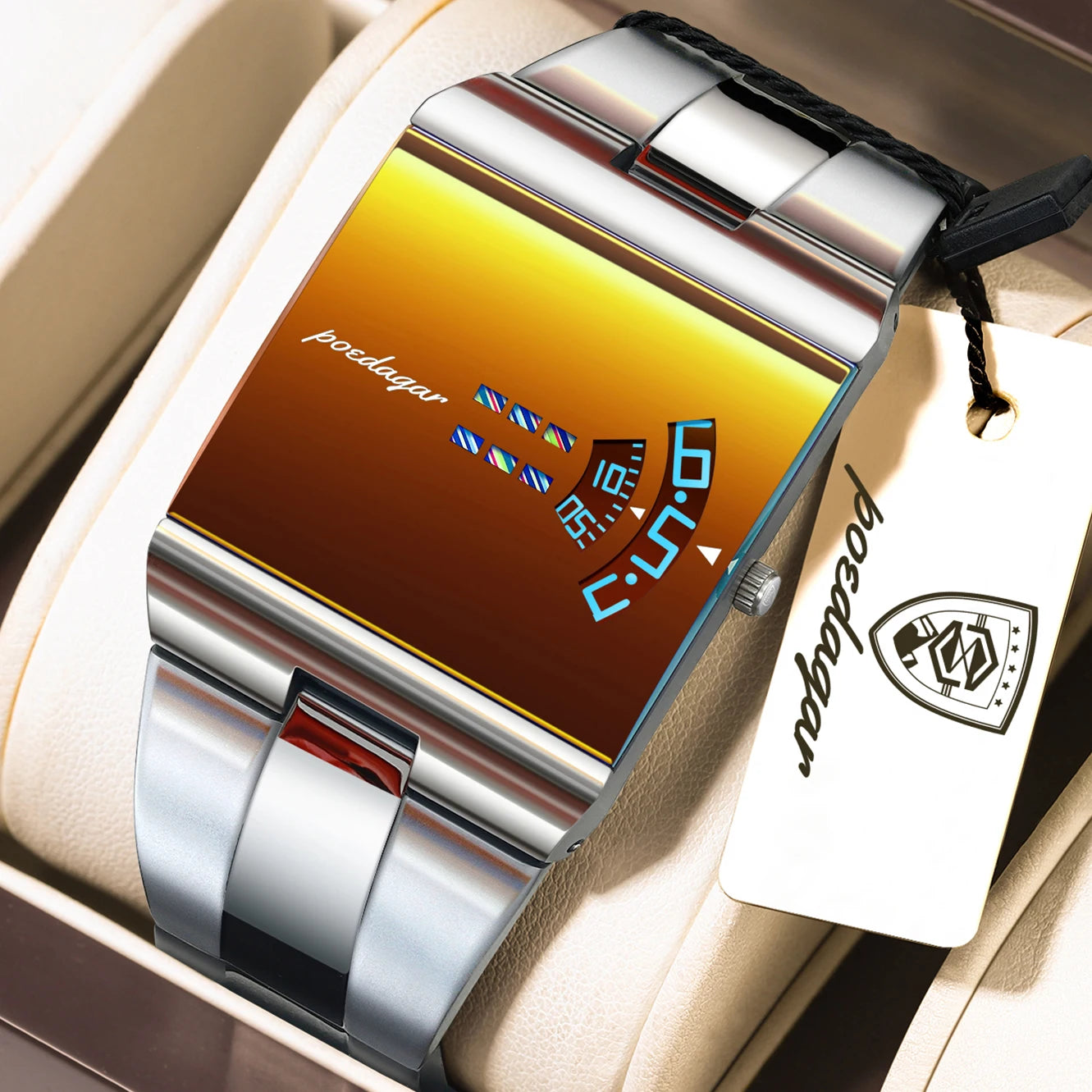 Montre d'affaires rectangulaire pour homme en acier inoxydable à quartz