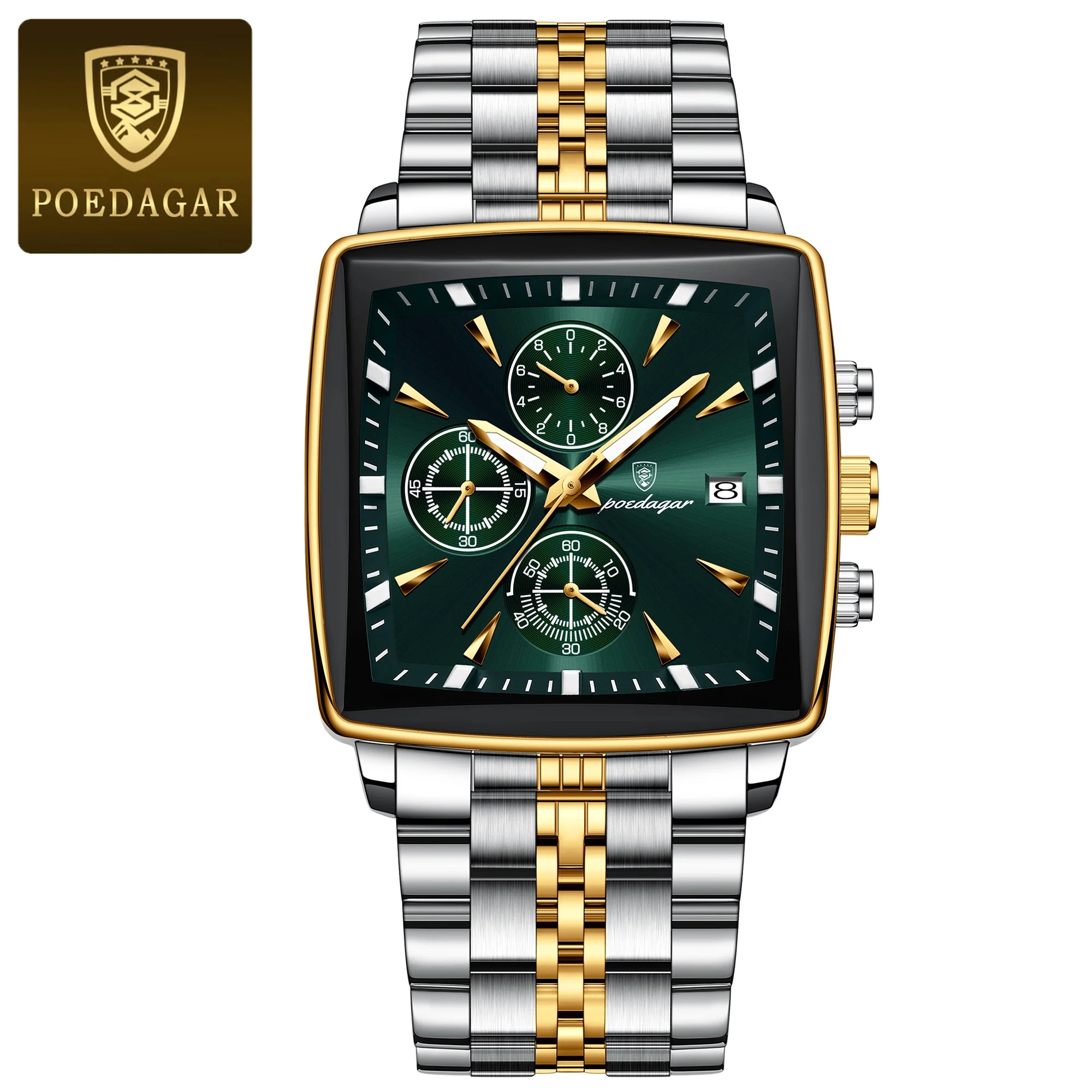 Montre Chronographe Carrée Lumineuse pour Homme en Acier Inoxydable