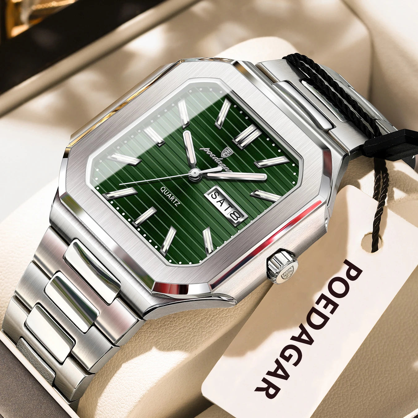 Montre carrée en acier inoxydable pour homme – Lumineuse et étanche