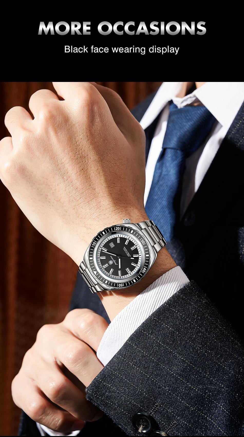 PAAZOMU Fashion Diving Watch Men's Stainless Steel Bracelet Blue Bezel Quartz Watch Calendar Luminous Hands Men's Watches Reloj