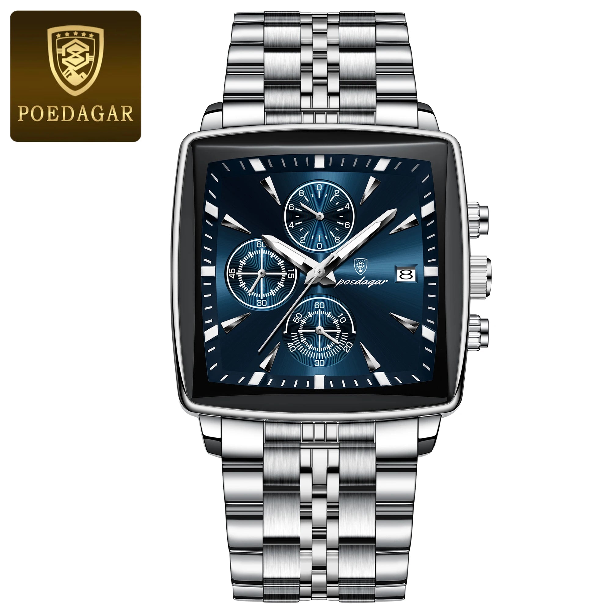 Montre Chronographe Carrée Lumineuse pour Homme en Acier Inoxydable