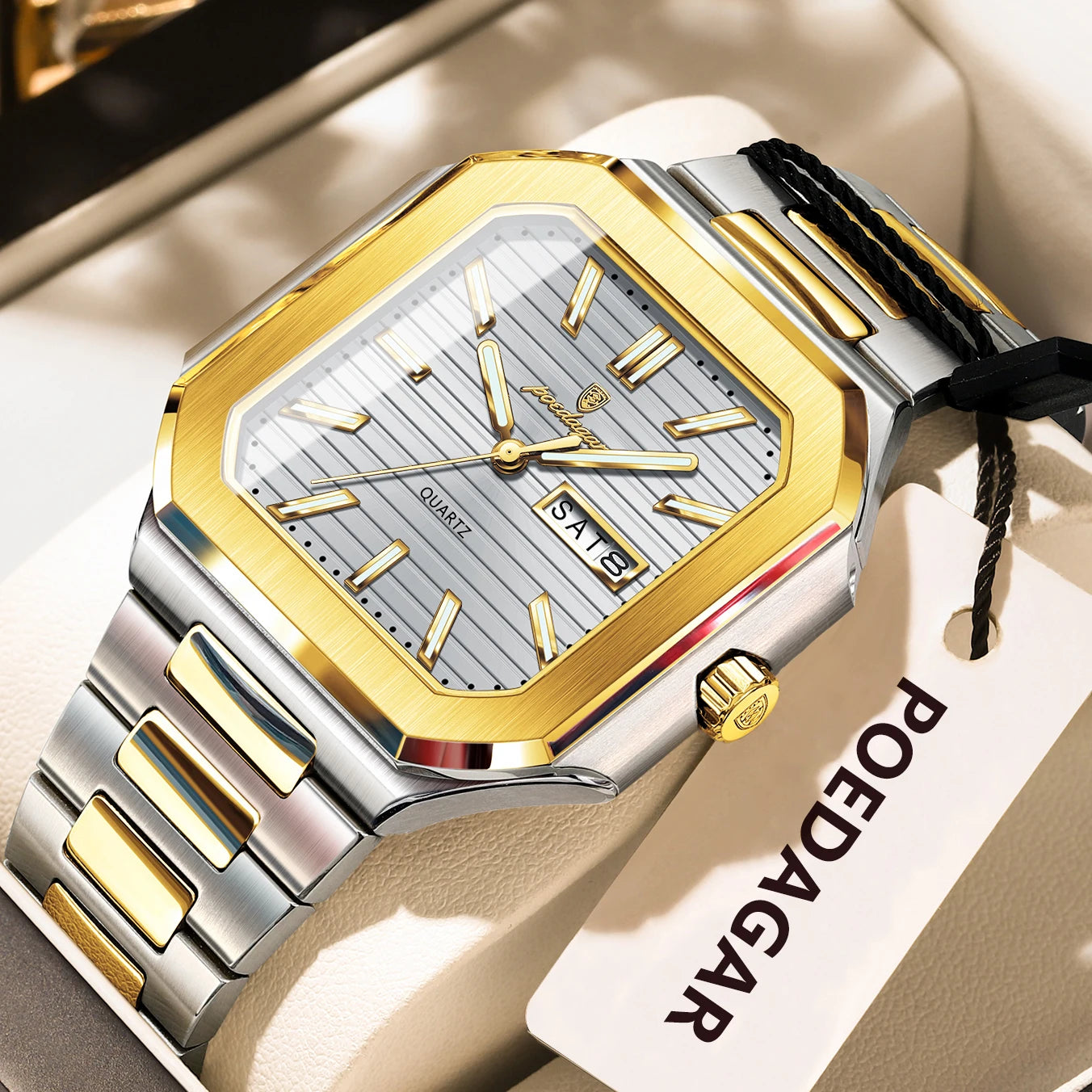 Montre carrée en acier inoxydable pour homme – Lumineuse et étanche