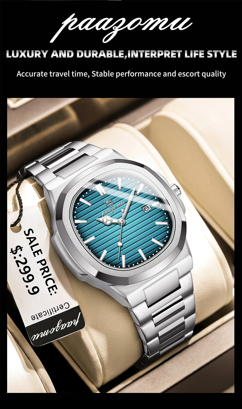 PAAZOMU Trend Men's Watches Classic Fashion Original Quartz Watch for Man Square Dial Waterproof Luminous Date Wristwatch Reloj