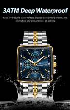 Montre Chronographe Carrée Lumineuse pour Homme en Acier Inoxydable