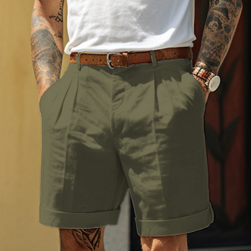 Men's Linen Blend Pleated Loose Fit Shorts