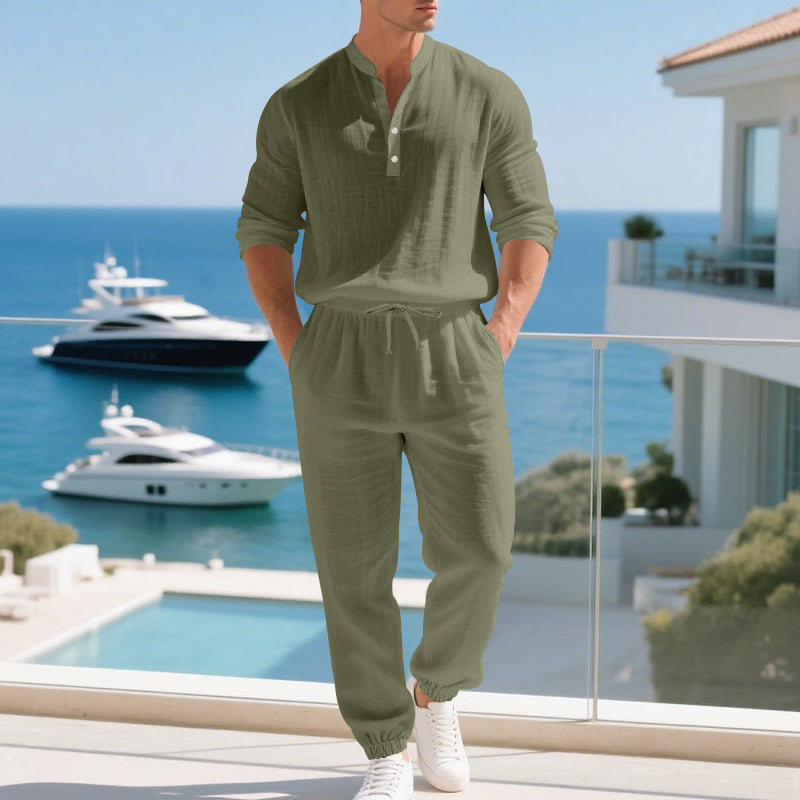 Men's Casual Linen Shirt And Pants Two-Piece Set